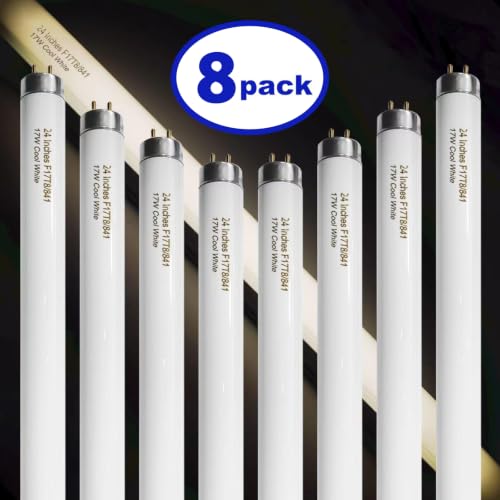 Konideke 8 Pack 24 inch F17T8/841 17 Watts Light Bulb, 2 Foot Straight Fluorescent Tube T8 Tube Light, 4100K Cool White 1400 Lumen G13 Medium Bi-Pin Cap 8 Count - color: Cool White, size: 8 Count-17W