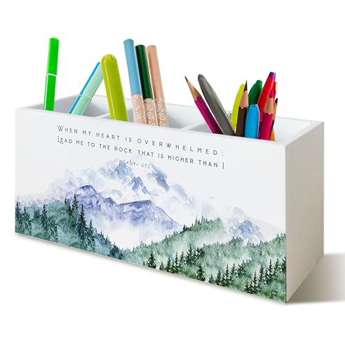 Christian Mountain Pen Pencil Holder for Desk, Christian Gifts for Women, Rustic Mountain Landscape Bible Verse Religious Wooden Signs Desk Organizer for Home Office Decor - color: Mountain