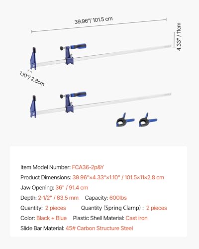 VEVOR Bar Clamps for Woodworking, 2-Pack 36 inch Opening, Lockable F-Clamp with 600 lbs Load Limit, 2-1/2 inch Depth, Cast Iron and Carbon Steel, Easy to Use, Wood Clamps for Woodworking Metal Working - size: 36"(4 Pack), style: Medium-Duty