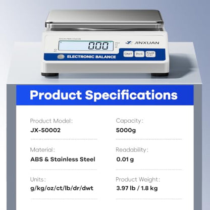 Digital Lab Scale 0.01g Accuracy 5000g Analytical Balance Scale Precision Scale for Weighing Gold Silver Jewelry Diamond Powder Grain Food, Electronic Gram Scale with 500g Weight, LCD Display, 7units - style: 5000gx0.01g with 500g Calibration Weights
