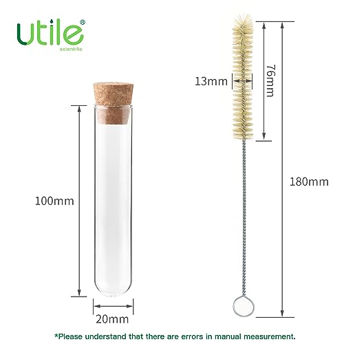 Utile 50pcs Glass Test Tubes, 3.3 Borosilicate Glass Material, 16ml Test Tubes, with Cork Stopper and Brush, 4004.9011.50 - style: 50pcs of 20x100mm