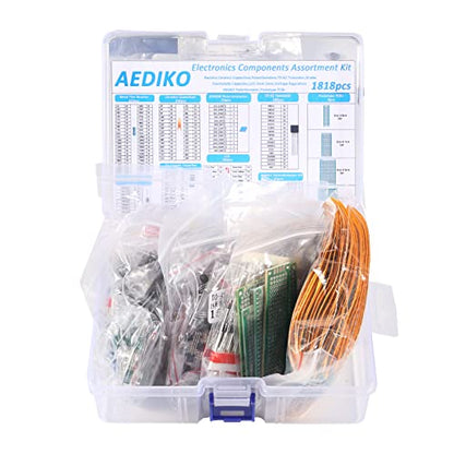 Electronics Components Assortment Kit (1818pcs) Electrolytic Capacitor, Ceramic Capacitor, LED Diode, Common Diode, Resistor, Transistor Component for Electronic DIY Project