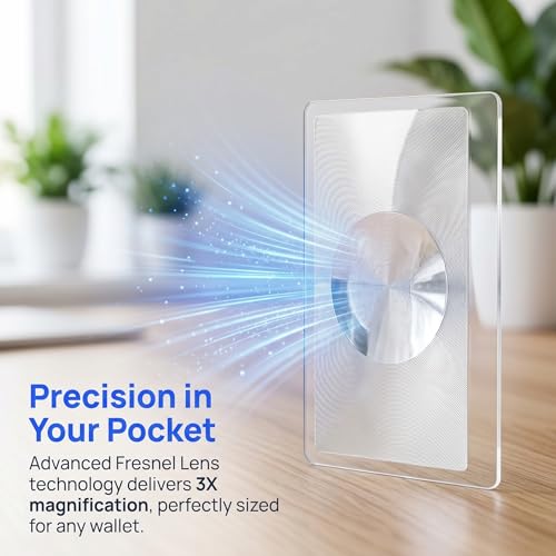 8 Pack Credit Card Magnifier Fresnel Lens Card, 300% Magnification, Flexible Pocket Magnifying Glass for Reading and Fire Starting, with Protective Sleeves