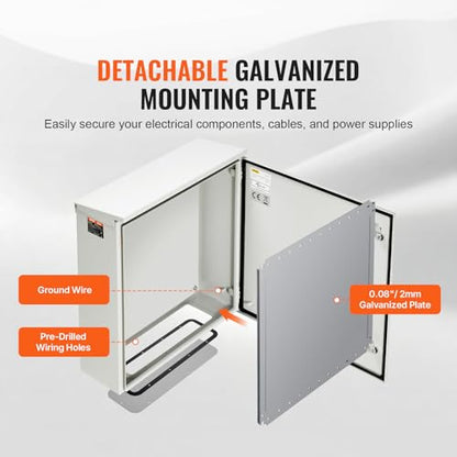 VEVOR Electrical Enclosure, 24'' x 24'' x 8'', NEMA 4 Outdoor Enclosure, IP65 Waterproof & Dustproof Cold-Rolled Carbon Steel Hinged Junction Box for Outdoor Indoor Use, with Rain Hood - size: 24'' x 24'' x 8''