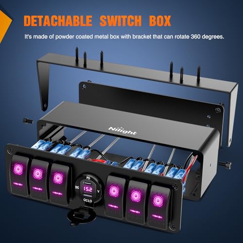 Nilight 6 Gang Rocker Switch Box 12V SPST ON Off Purple LED Waterproof - color: Purple+Box, size: 6+1 Gang Type C +USB