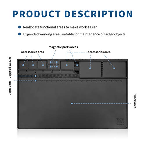 HengTianMei-203 Black Magnetic Repair Work Mat Heat Resistant Large Silicone Soldering Mat Expand Work Area for Soldering, Electronics, Computer Repair Etc 22" * 14" - size: HTM-203