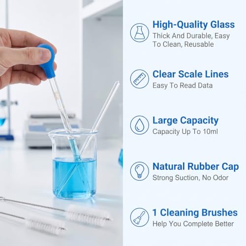 Glass Pipette 2Pcs 10ml Dropper with Rubber Hats, Cleaning Brush