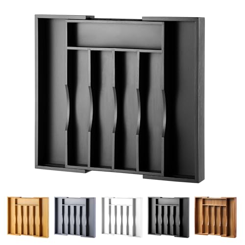 Expandable Bamboo Kitchen Drawer Organizer for Cutlery and Utensils, Adjustable Bamboo Wood Cutlery Tray in Drawer for Flatware and Silverware in Kitchen, (Black) - color: Black, size: 7 Slots Expandable