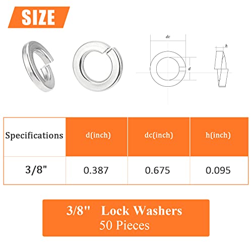 HELIFOUNER 50 Pieces 3/8" Stainless Steel Split Lock Washers, 304 Stainless Steel 18-8 Spring Lock Washers for Screws Bolts - size: 3/8" (50 PCS)