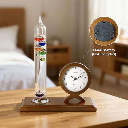 Lily's Home Galileo Thermometer with Clock-5 Spheres, 64ºF-80ºF Range–Clock with Quiet Movement - Elegant 2-in-1 Design-Ideal Gift for Home/Living Room Decor-Galileo Thermometer Indoor(9 inx11.6 in) - style: Clock with Quiet Movement
