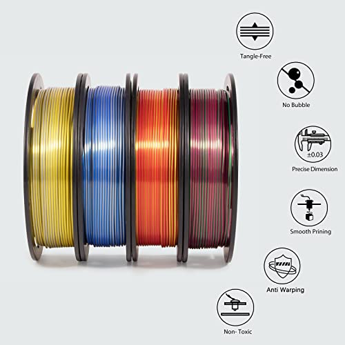 iSANMATE 3D Printer Filament, PLA Filament 1.75mm Bundle, Dual Color Filament Silk PLA, Dimensional Accuracy +/- 0.03 mm, 250g x 4 Pack(Gold+Red,Red+Green, Blue+Silver, Bronze+Silver) - color: A- Gold+red,red+green,blue+silver,bronze+silver