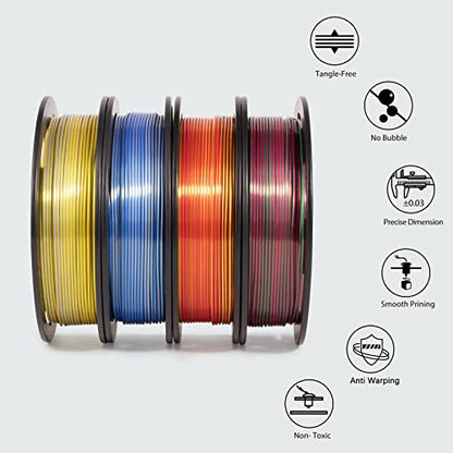 iSANMATE 3D Printer Filament, PLA Filament 1.75mm Bundle, Dual Color Filament Silk PLA, Dimensional Accuracy +/- 0.03 mm, 250g x 4 Pack(Gold+Red,Red+Green, Blue+Silver, Bronze+Silver) - color: A- Gold+red,red+green,blue+silver,bronze+silver