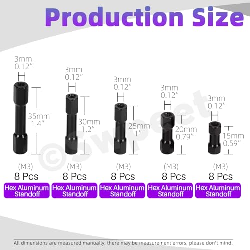 Swpeet 48Pcs 6 Sizes M3 Hex Aluminum Standoff Spacer Column Assortment Kit, M3×10/15/20/25/30/35mm Hexagonal Connecting Column, Hex Standoff Spacer Hexagon Studs for RC Aircraft, Drone, CN, FPV