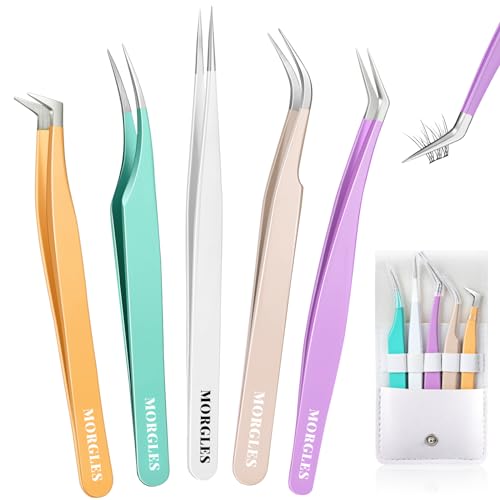 MORGLES Lash Tweezers for Eyelash Extensions, 5 Pcs Eyelash Tweezers - color: White