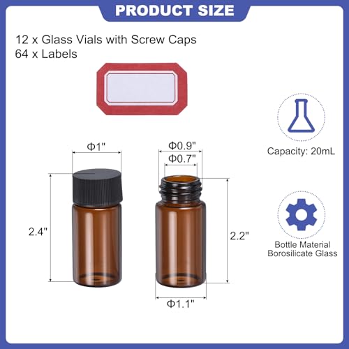 PATIKIL 20ml Amber Glass Vials, 12 Pack Sample Vials with Screw Cap and Write-on Spot Reagent Media Bottle with Labels Leak-Proof Liquid Vial for Lab - color: Brown, size: 20ml