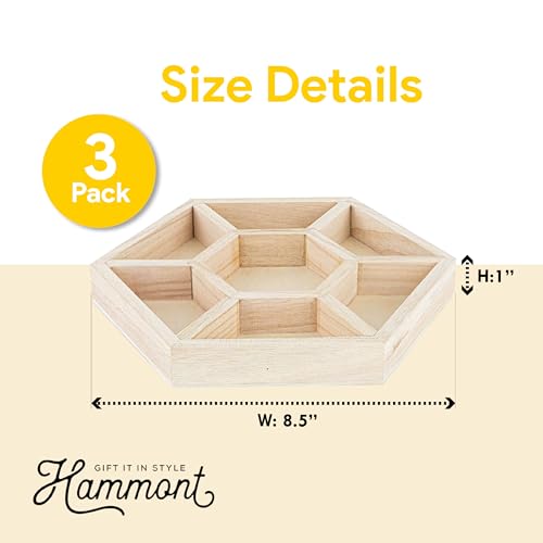 Hammont Hexagon Sectional Wooden Trays - 3 Pack - 8.5”x8.5”x1” - Eco Friendly Decorative Tray for Dry Fruits & Candies | Organic Wooden Tray for Gift & Home Décor - style: Hexagon Tray - Small