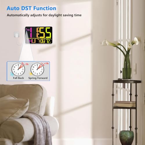 13" Bluetooth Auto Sync Wall Clock- Large Digital Alarm Clock with Remote - style: RGB Numbers