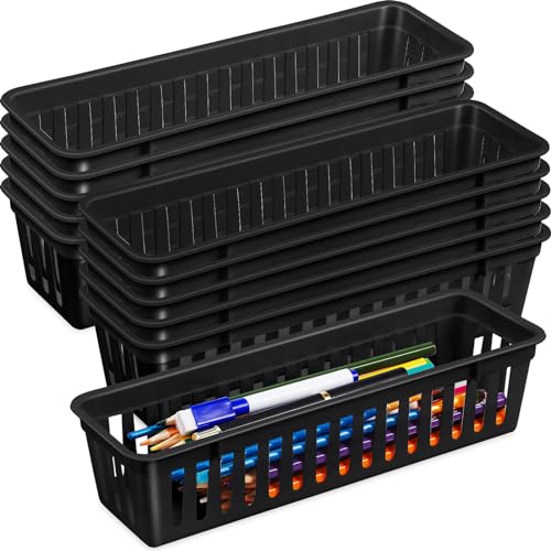 Domensi 12 Pack Slim Plastic Storage Basket Tray Organizer, Black - color: Black