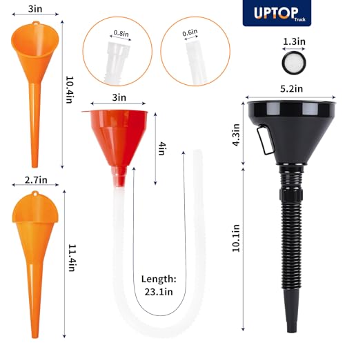 10 Pcs Automotive Funnel Set Wide Mouth Fuel Funnels with Long Neck, Flexible Spout & Removable Filter – for Gasoline, Coolant, Water, Engine Oil Plastic Oil Funnel Set