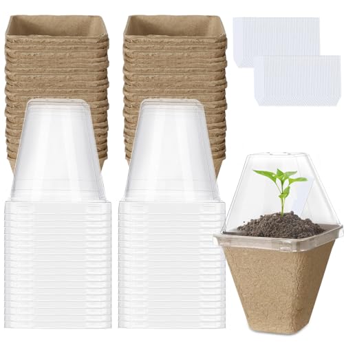 Aulock 36 Sets Plant Nursery Pots with Humidity Dome - 3in Seed Starting Pots, Square Peat Pots with 100 Labels for Garden Flowers Herbs Vegetables Seedlings