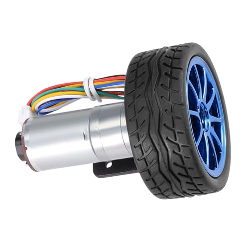 DC 12V Encoder Gear Motor with Mounting Bracket, 100 RPM Metal Gear Reduction Motor for DIY Robot Smart Car, High Torque Magnetic Geared Motor, Rubber Tire Wheel Kit Included
