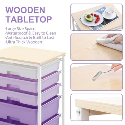 SYKIARIOL Utility Cart with 5 Drawers with Wooden Top,Purple - color: Purple
