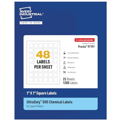 Avery® UltraDuty® GHS Labels, Waterproof, 1 X 1" White Square Labels , 1200 Total, Use with Laser Printers - size: 1" X 1", style: 1,200 labels