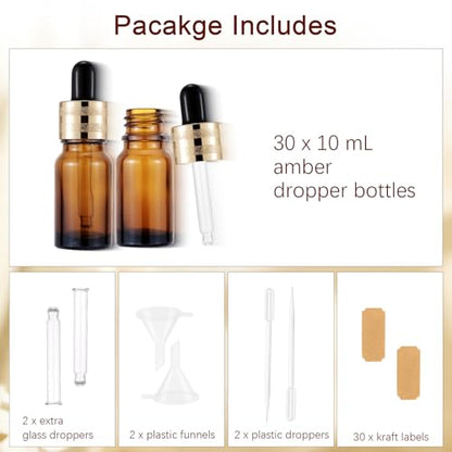 30 Pack 10ml Amber Glass Sample Dropper Bottles with Golden Caps - color: Amber, size: 10mL-30pcs