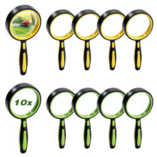 10 Pack Magnifying Glass, 60mm 10X Handheld Reading Magnifier with Non-Slip Rubber Handle, Large Shatterproof Glass Lens for Seniors, Kids, Science Exploration, Classroom, Party Favors, Gift