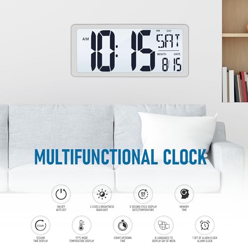 TXL 18.44" Large Digital Wall Clock with Backlight, Battery Operated Alarm Clock with Day, Date & Temperature, Jumbo Display Digital Count Up Down Timer Clock for Hoom,Classroom Room,Office - color: White Backlight-18.44in