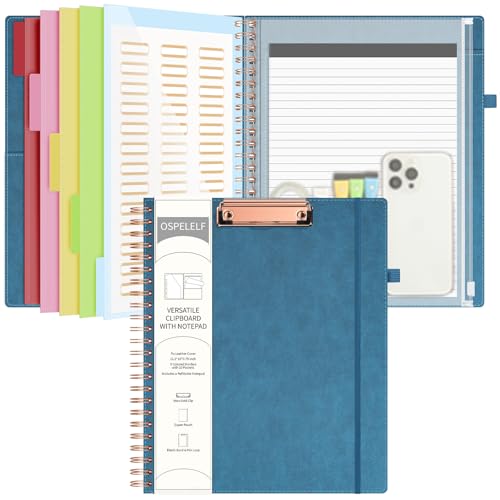 Ospelelf Foldable Spiral Clipboard Folio with with Storage Zipper Pouch, 5 Plastic Folders with 10 Pockets, Leather Clipboard Folder with Notepad, 39 Divider Label Stickers (Hazy Blue) - color: Hazy Blue