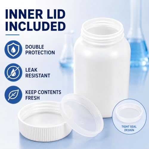 METAPACK 5 Pack 6.8 oz White HDPE Wide Mouth Lab Sample Bottles with Screw Caps, Removable Inner Caps and Labels, Plastic Sample Containers for Liquids, Powders, Granules, lab samples and Small Parts