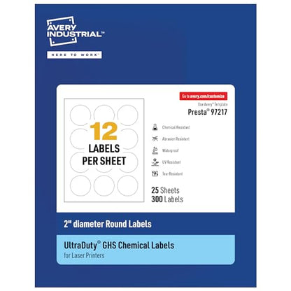Avery UltraDuty GHS Labels, Waterproof, 2" White Round Labels, 300 Total, Use with Laser Printers - size: 2", style: 300 labels