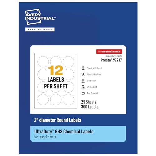 Avery UltraDuty GHS Labels, Waterproof, 2" White Round Labels, 300 Total, Use with Laser Printers - size: 2", style: 300 labels