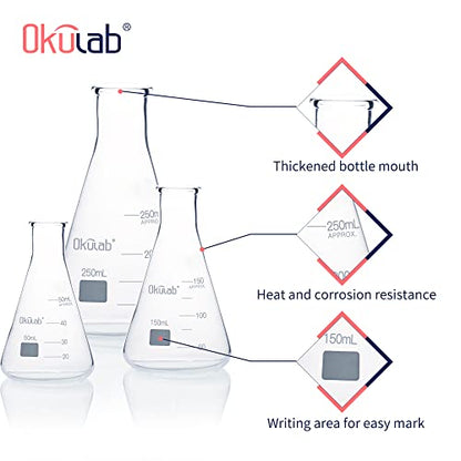 Conical Flask Set, Glass Erlenmeyer Flask Set, Include Vol.50.150.250ml, Borosilicate Glass 3.3, with Printed Graduation.EFNGS3A1 - style: 3 sizes,Vol.50 150 250ml
