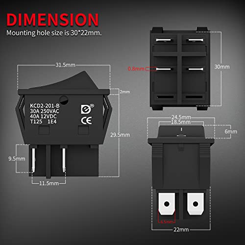 DaierTek DPST KCD4 Rocker Switch 40A 12V DC 4 Pin 2 Position Switch ON Off Toggle Switch 30A 250V AC 120V T125 KCD2 Boat Rocker Switch -3Pcs