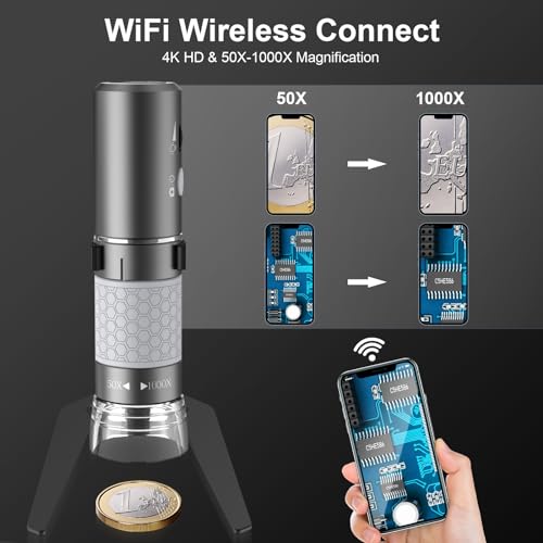 Wireless Digital Microscope 4K HD Wi-Fi Microscope Camera Digital Magnifier Compatible for iPhone, Android Phones and PC (Black)