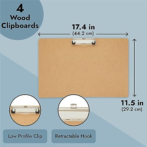 Juvale Clipboard - 11.5 x 17.4 in, Brown MDF, 4-Pack - Wood Clipboard Set with Low-Profile Metal Clip & Retractable Hook - Oversized & Portable for Drafting Board & Sketch Board Use - size: 17.4 x 11.5 Inches