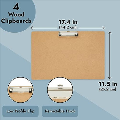 Juvale Clipboard - 11.5 x 17.4 in, Brown MDF, 4-Pack - Wood Clipboard Set with Low-Profile Metal Clip & Retractable Hook - Oversized & Portable for Drafting Board & Sketch Board Use - size: 17.4 x 11.5 Inches