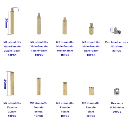 200PCS M2 Brass Male-Female Hex Standoffs Kit w/ 304 SS Screws & Nuts - size: M2