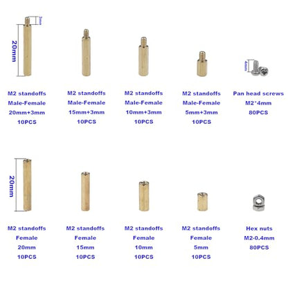 200PCS M2 Brass Male-Female Hex Standoffs Kit w/ 304 SS Screws & Nuts - size: M2