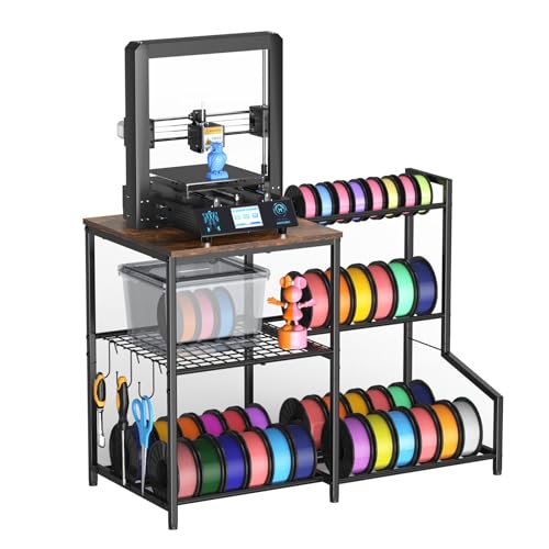 3D Printer Stand with Filament Storage Rack, 3D Printer Table with Shelves and 3-Tier Metal Spool Holder, Heavy-Duty 3D Filament Storage Stand for Workshop, Studio, or Office, Retro Brown