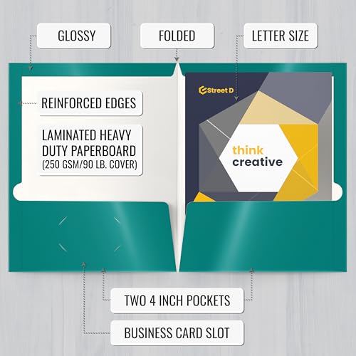 2 Pocket Glossy Laminated Paper FOLDERS Portfolio Letter Size, Teal, 25PK - color: Teal
