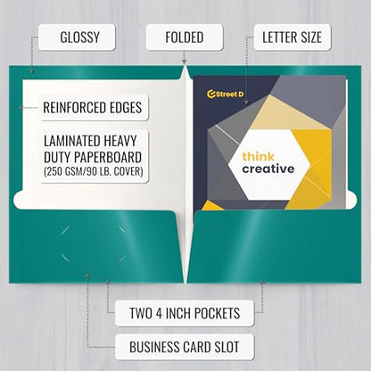 2 Pocket Glossy Laminated Paper FOLDERS Portfolio Letter Size, Teal, 25PK - color: Teal