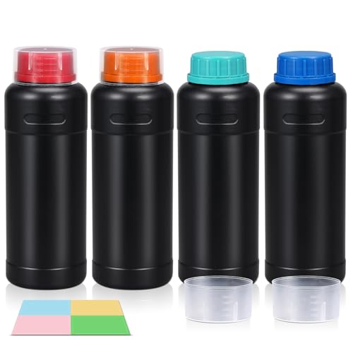 4 Pack 16oz Lightproof Black Plastic Bottles with Graduated Lids, Leak Proof Empty Liquid Containers, Travel Pill Bottles, Film Developing Kit & Sample Storage Bottles - size: 16oz