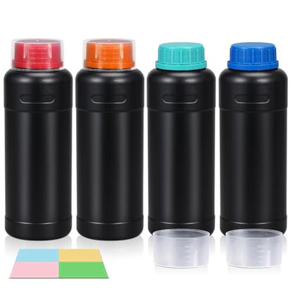 4 Pack 16oz Lightproof Black Plastic Bottles with Graduated Lids, Leak Proof Empty Liquid Containers, Travel Pill Bottles, Film Developing Kit & Sample Storage Bottles - size: 16oz