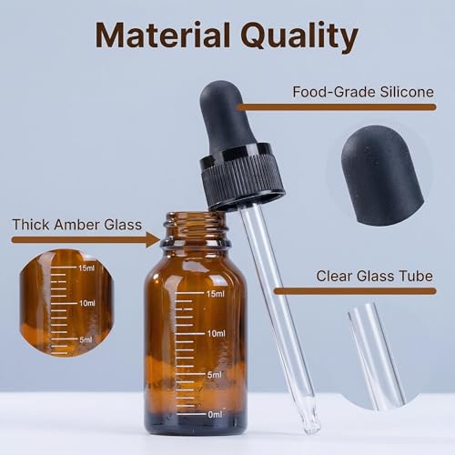3 Pcs 15ml 0.5oz Empty Refillable Amber Glass Graduated Dropper Bottle Essential Oil Cosmetics Elite Fluid Container Jar Pot Holder with Glass Pipette Dropper - size: 15 ml
