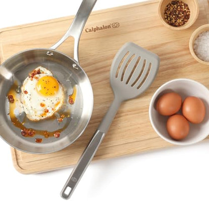 Calphalon Prime Slotted Turner, Kitchen Flipping Spatula, Slotted Spatula with Silicone Head and Stainless Steel Handle, Heat Resistant Nonstick Cookware for Flipping and Draining (Taupe) - color: Taupe III, size: Slotted Turner