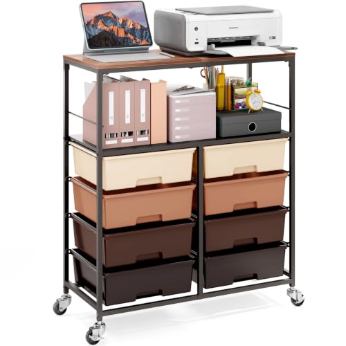 APEXCHASER Rolling Storage Cart with 8 Large Drawers, Wooden Tabletop - color: Brown