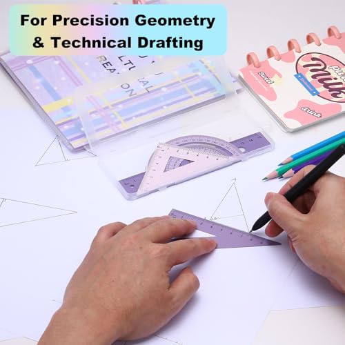 PATIKIL Geometry Set, 8" Aluminum Ruler & 2 Triangles, Metal Protractor - color: Gradient Pink, size: 8 Inch